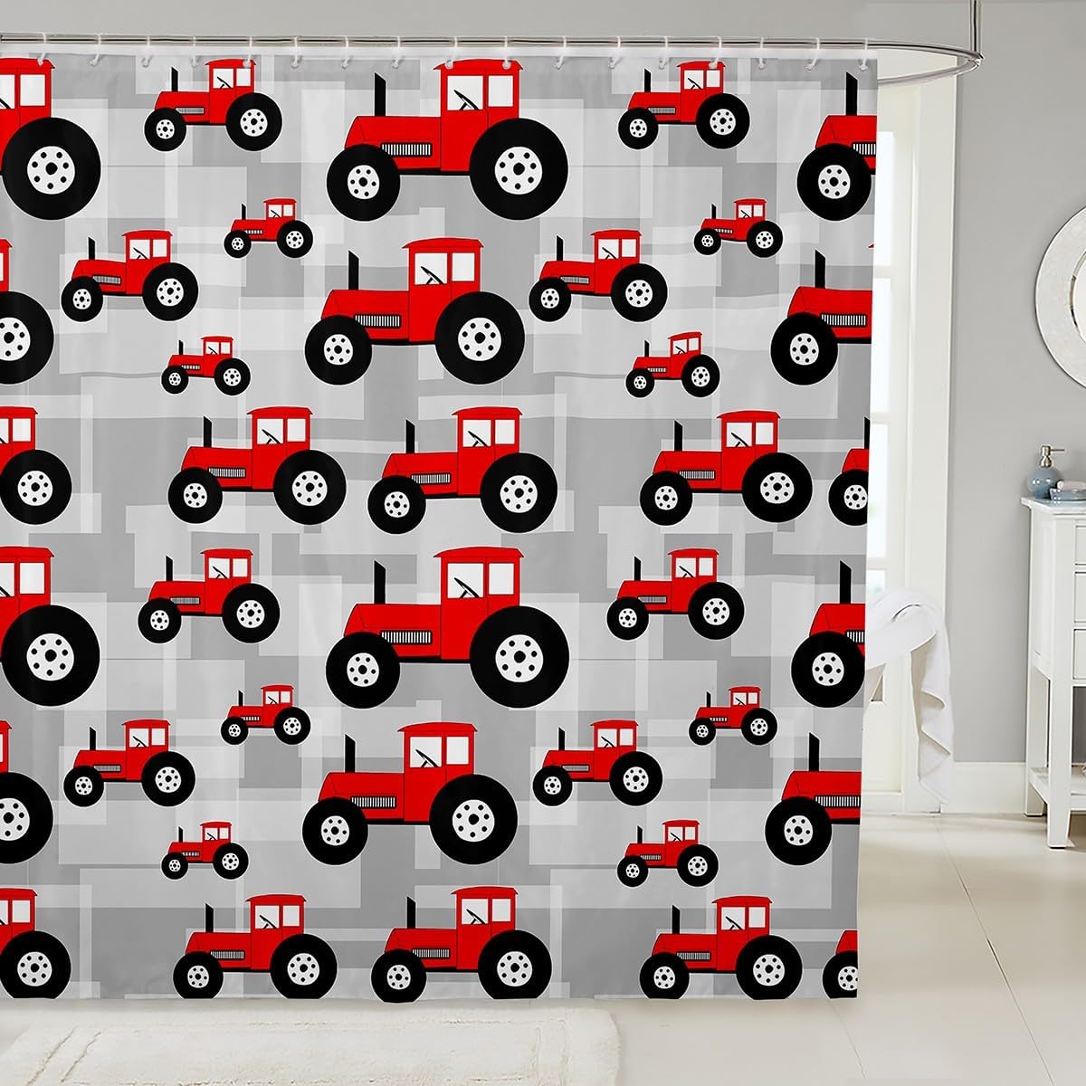 Stylish Red Tractor Bathroom Curtain Set