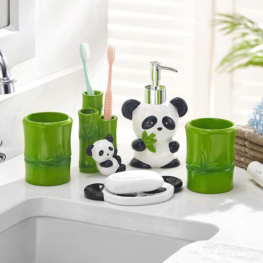 LFPSVC Soap Dispenser Set of 5 Panda Bamboo Bathroom Accessories