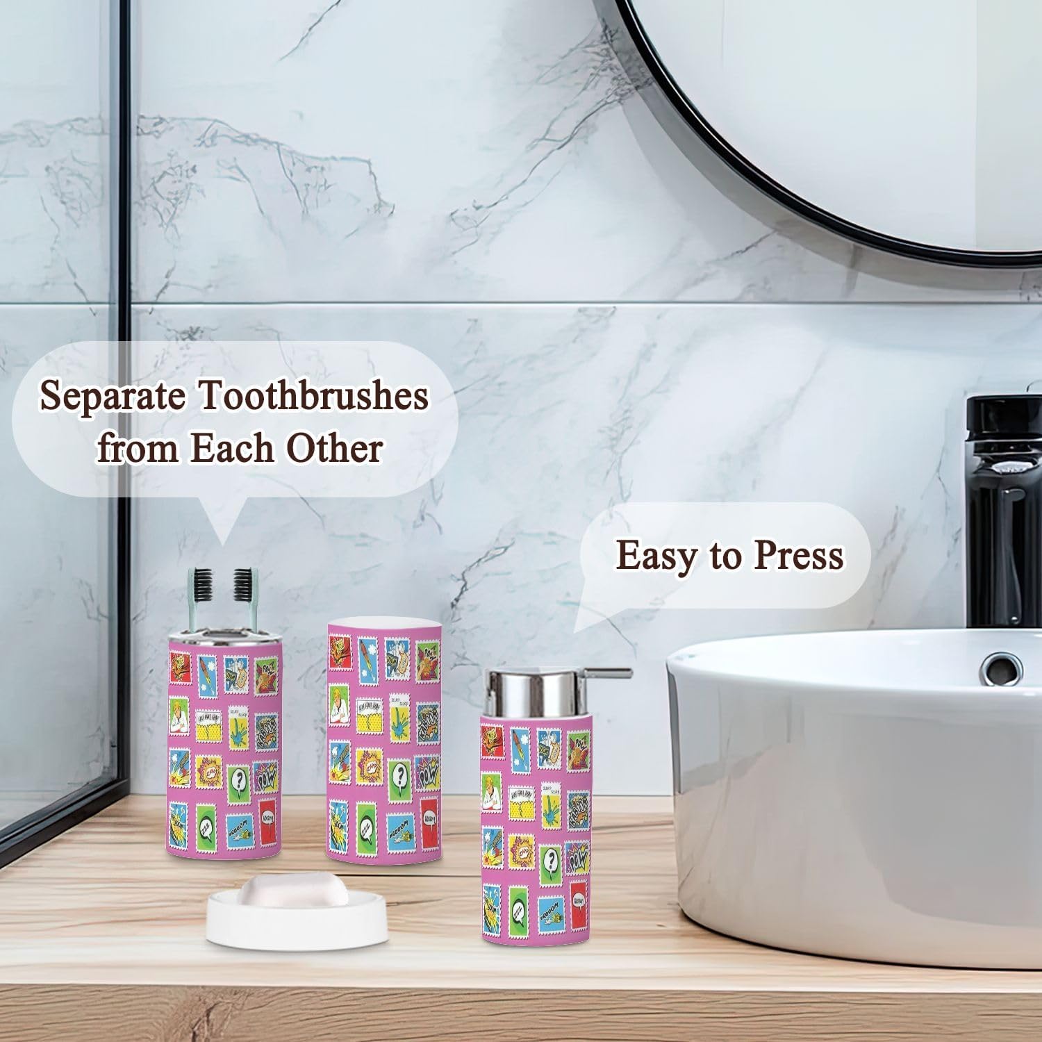 Bathroom Accessories Set 6 Pcs Comic Book Style Decor