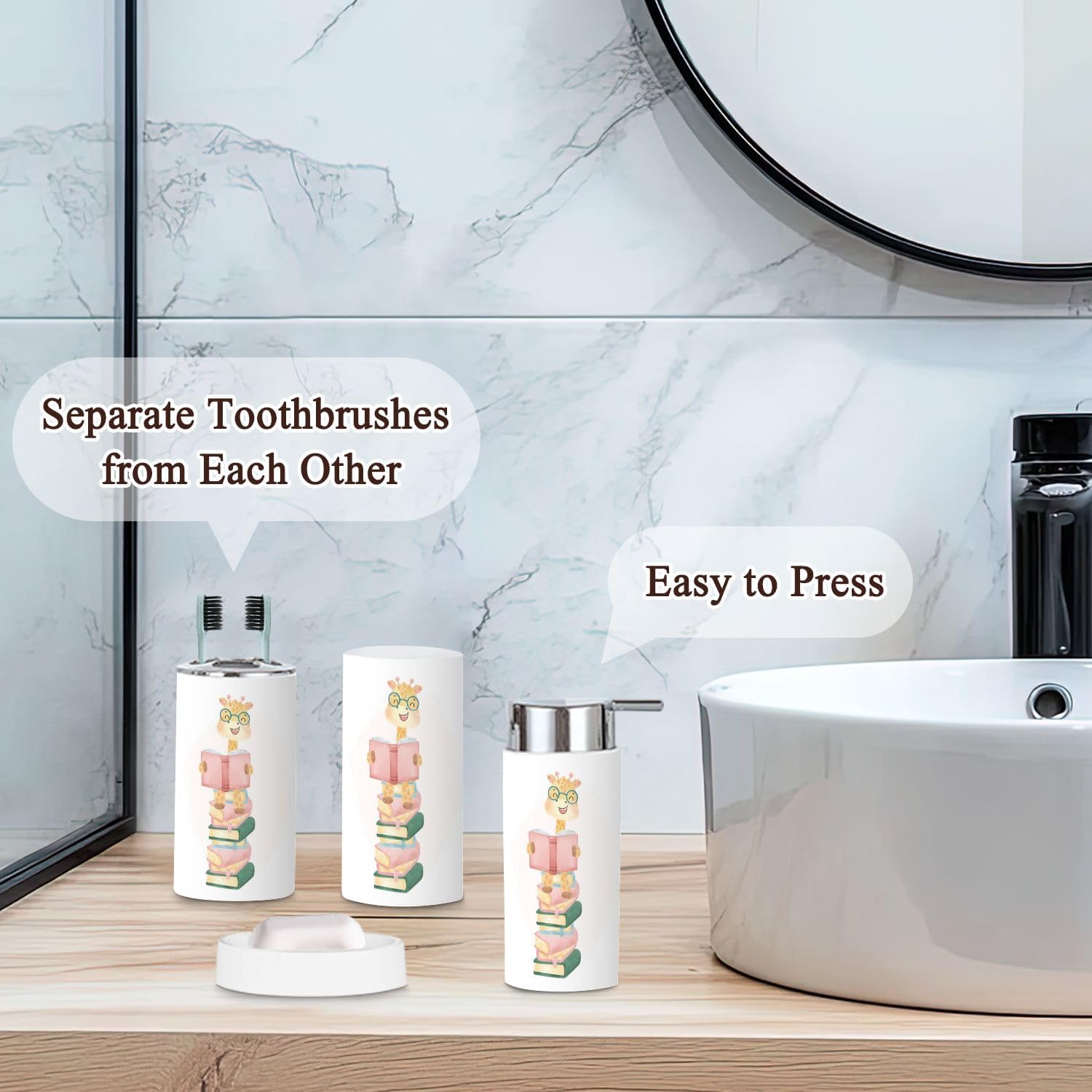 Cute Happy Nerdy Giraffe Bathroom Accessory Set 6 Pcs