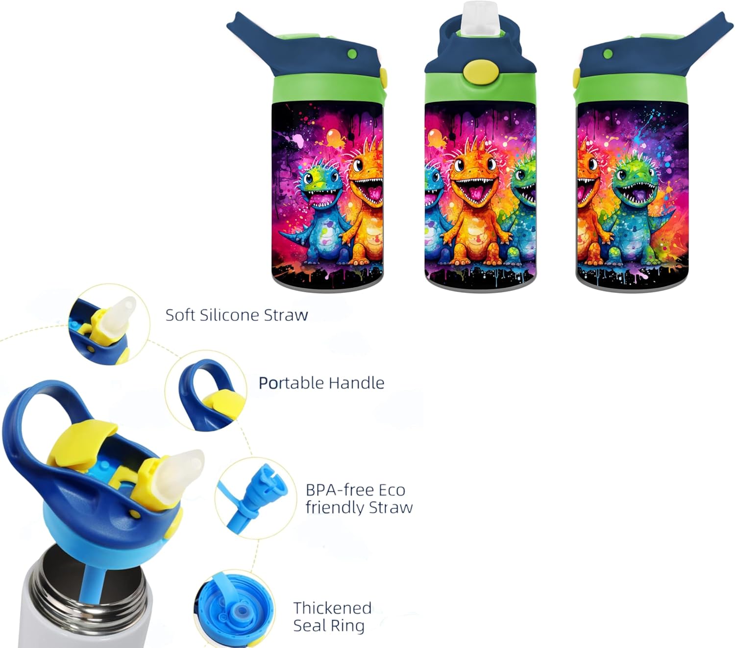 Neon Cute Dinosaur Water Tumbler for Kids 12oz