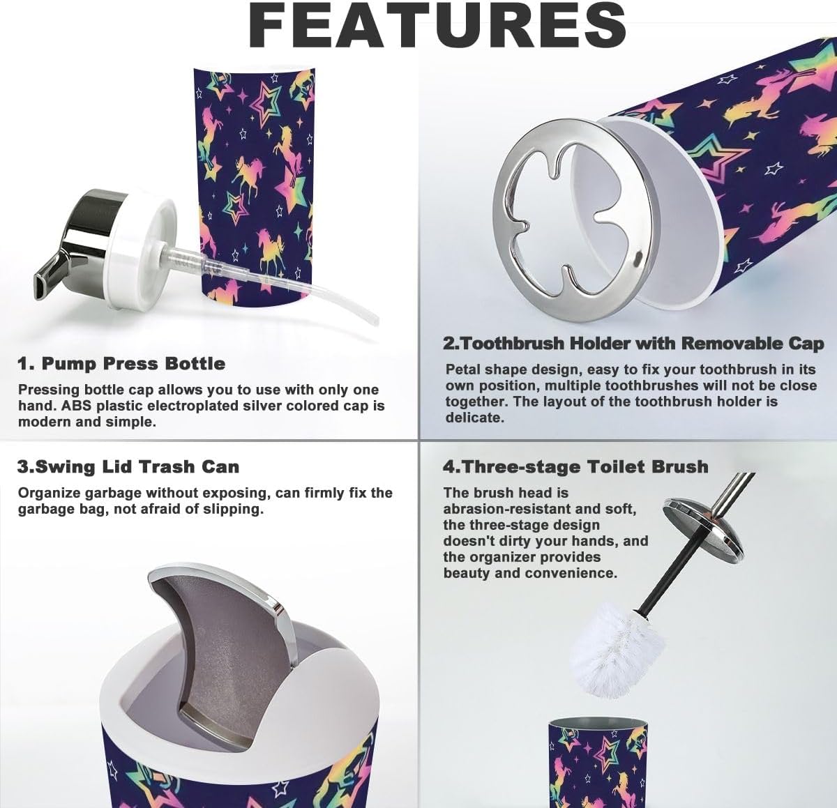 Sleek Durable 6-Piece Bathroom Accessory Set with Smooth Closure Holographic Design