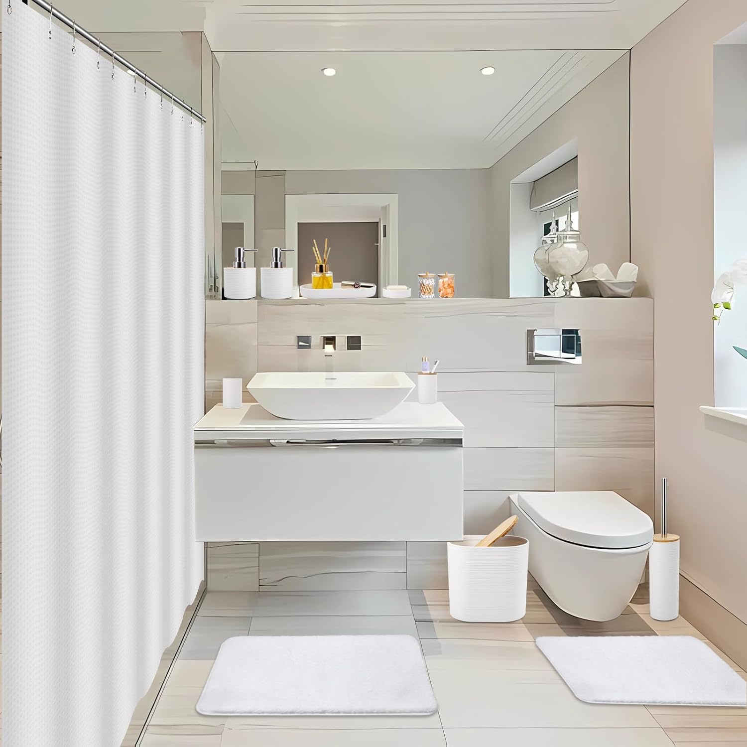 Essential White Bathroom Set with Woven Rugs Shower Curtain for Home Use