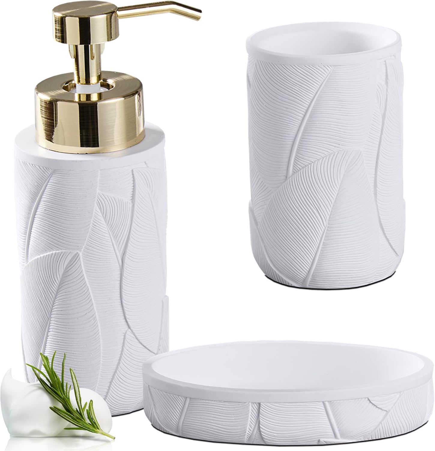 Tropical Leaves Bathroom Accessories Set 3 Pcs White