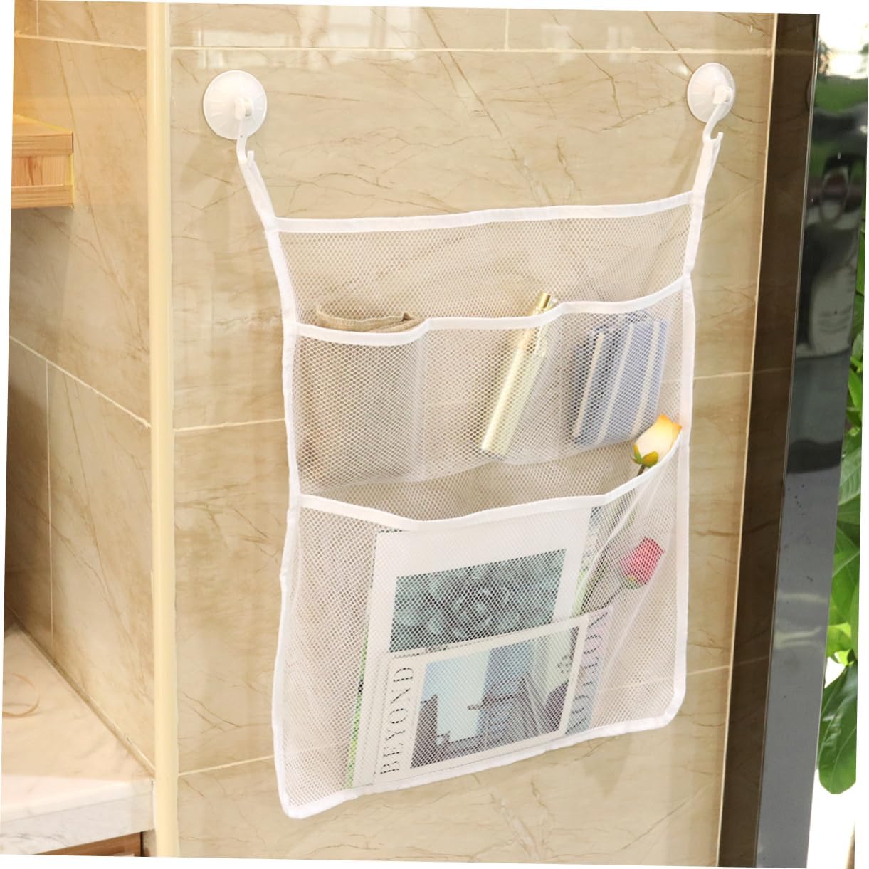 IMIKEYA Multifunctional Mesh Storage Bag with Strong Hooks for Bathroom Organization