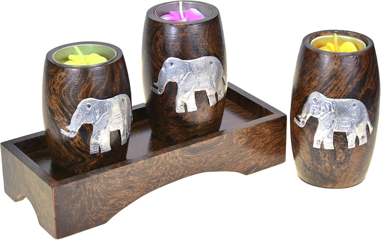 AeraVida Three Mini Barrel Pewter Elephant Wooden Tea Light Candle Holder Set