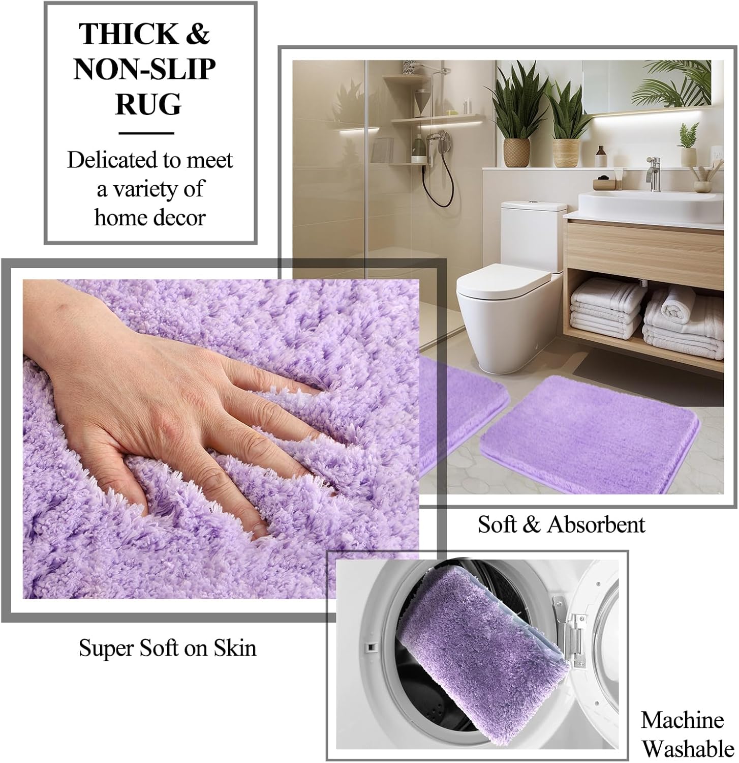 Luxury Plush Bath Mat Set with Absorbent Shower Curtain Rugs