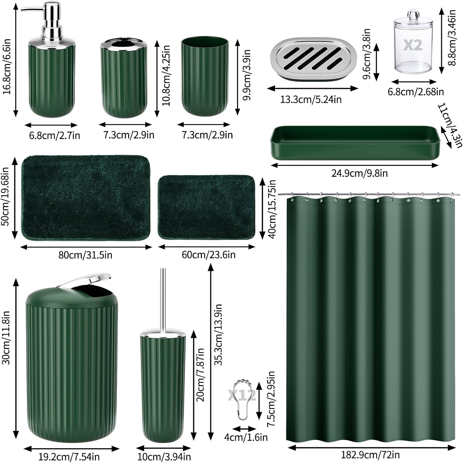 XLHOMO 24-Piece Dark Green Bathroom Accessory Set with Shower Curtain Rugs