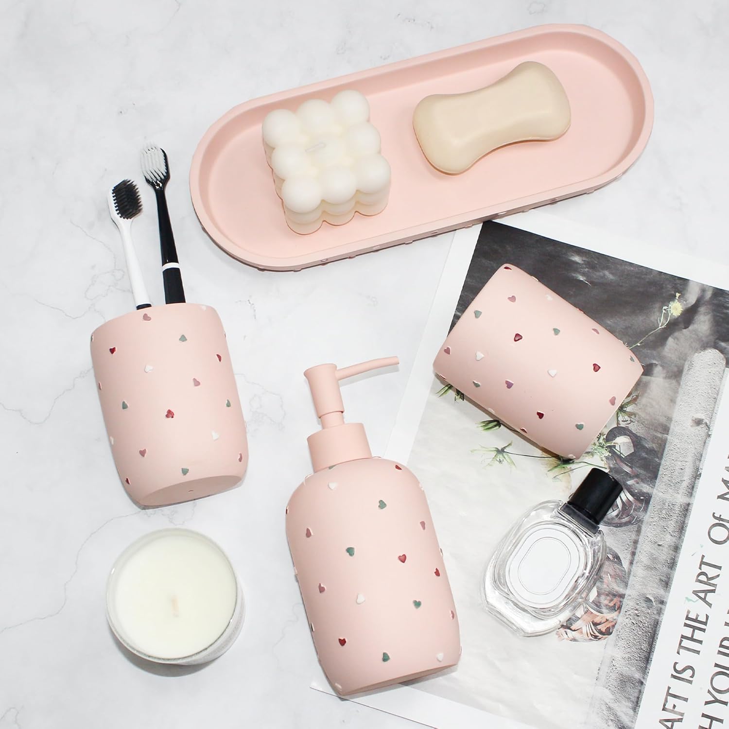 Premium Pastel Heart 4-Piece Bathroom Accessory Set - Pink