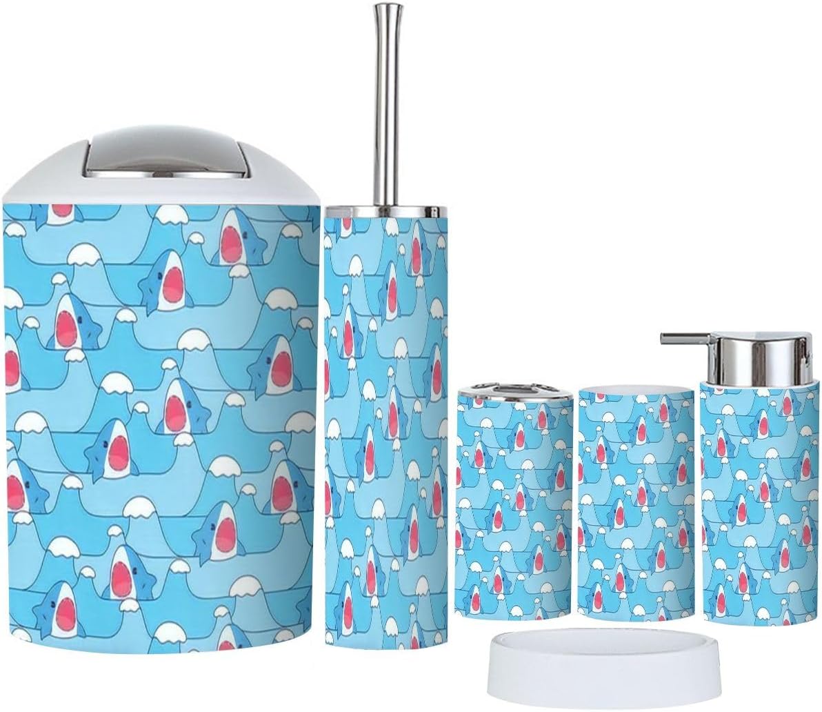 Cute Shark Sea Wave Bathroom Accessories Set 6 Pcs