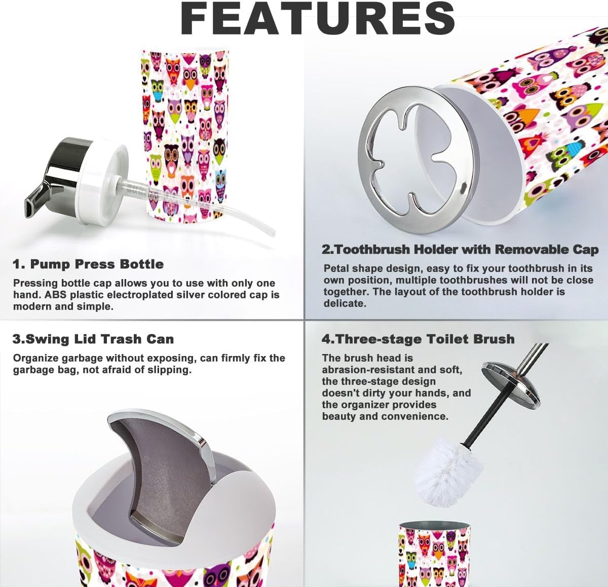 Stylish 6-Piece Bath Accessory Set with Owl Pattern for Kids