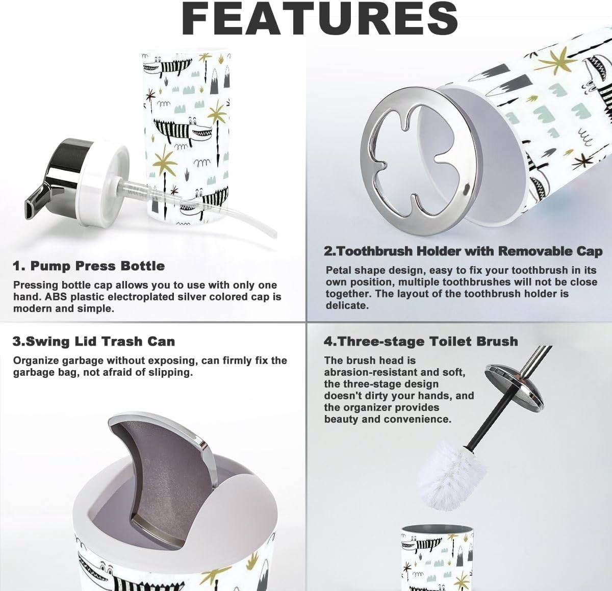 Bathroom Accessories Set 6 Pcs Durable Cute Alligator Design