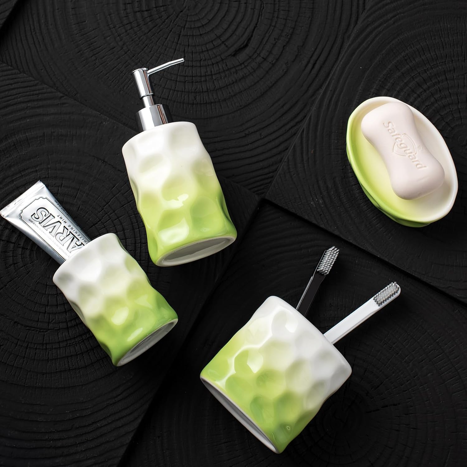 Sage Green Bathroom Accessory Set - 4 Piece Hand Pinch Design