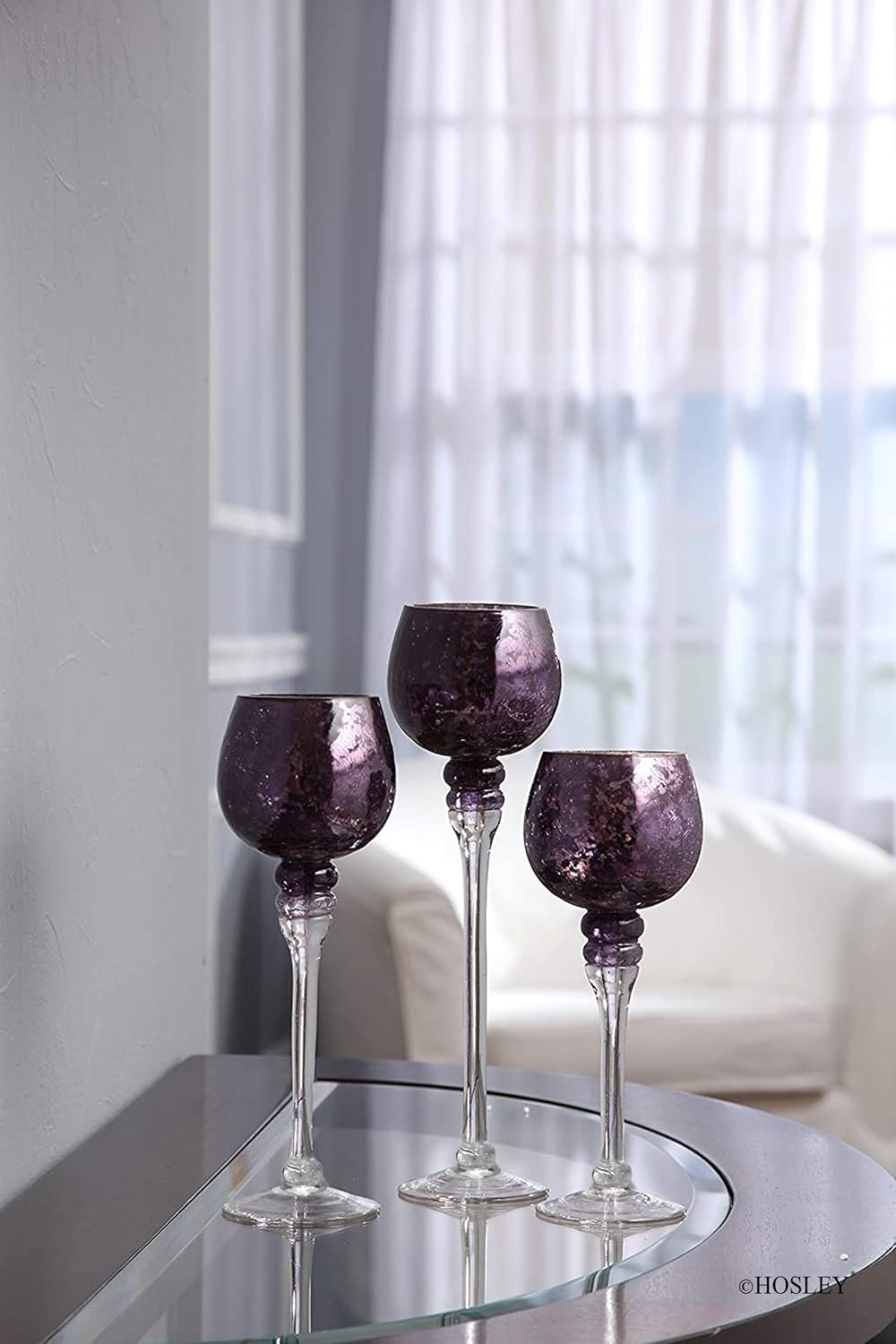 Hosley Set of 3 Crackle Purple Glass Tealight Holders