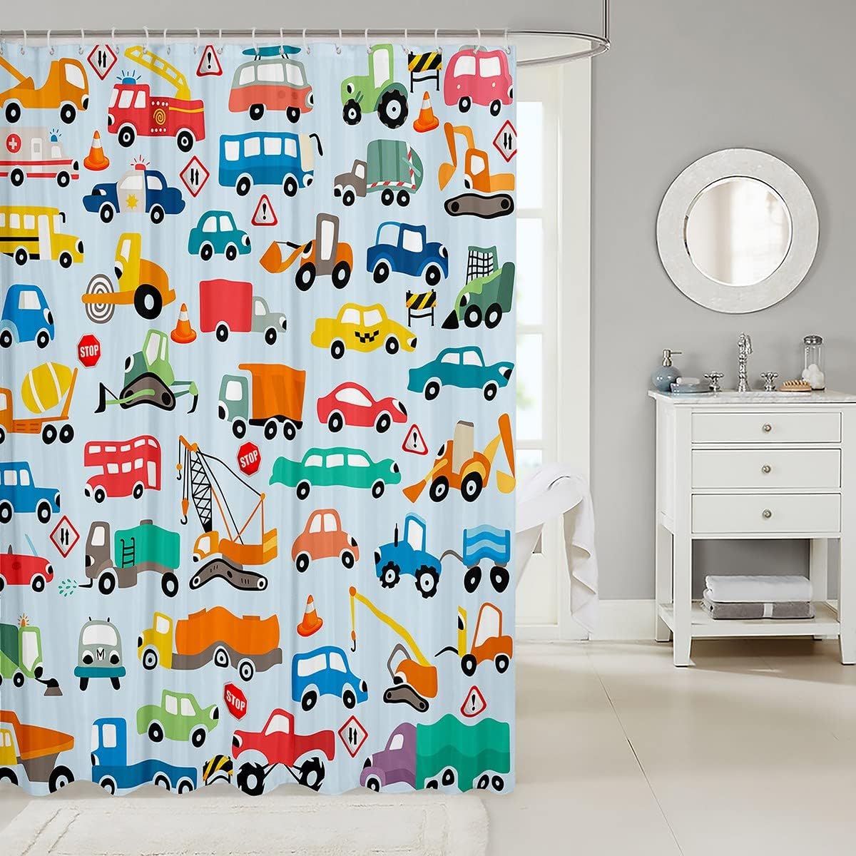 Cartoon Car Bathroom Waterproof Accessories with 12 Hooks for Kids