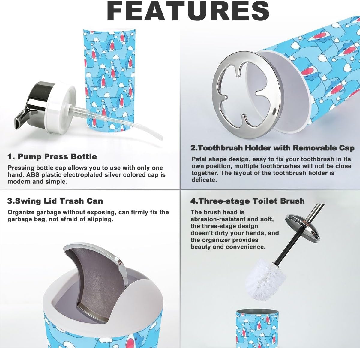 Cute Shark Sea Wave Bathroom Accessories Set 6 Pcs