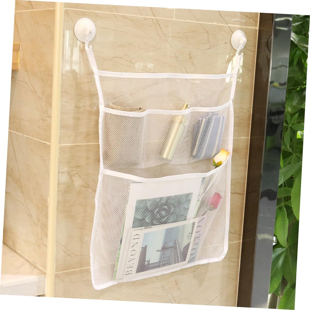 IMIKEYA Multifunctional Mesh Storage Bag with Strong Hooks for Bathroom Organization