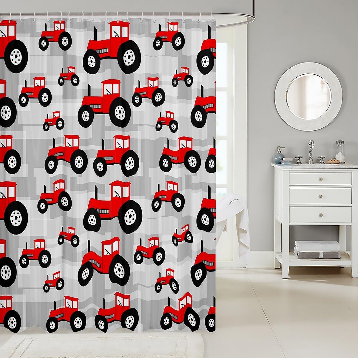 Stylish Red Tractor Bathroom Curtain Set