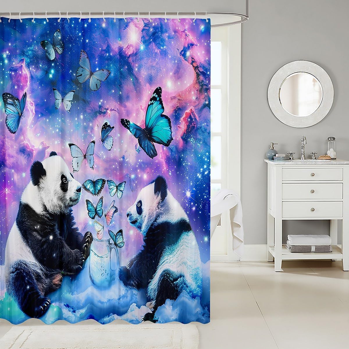 Cute Panda Bath Curtain Set with Galaxy Design