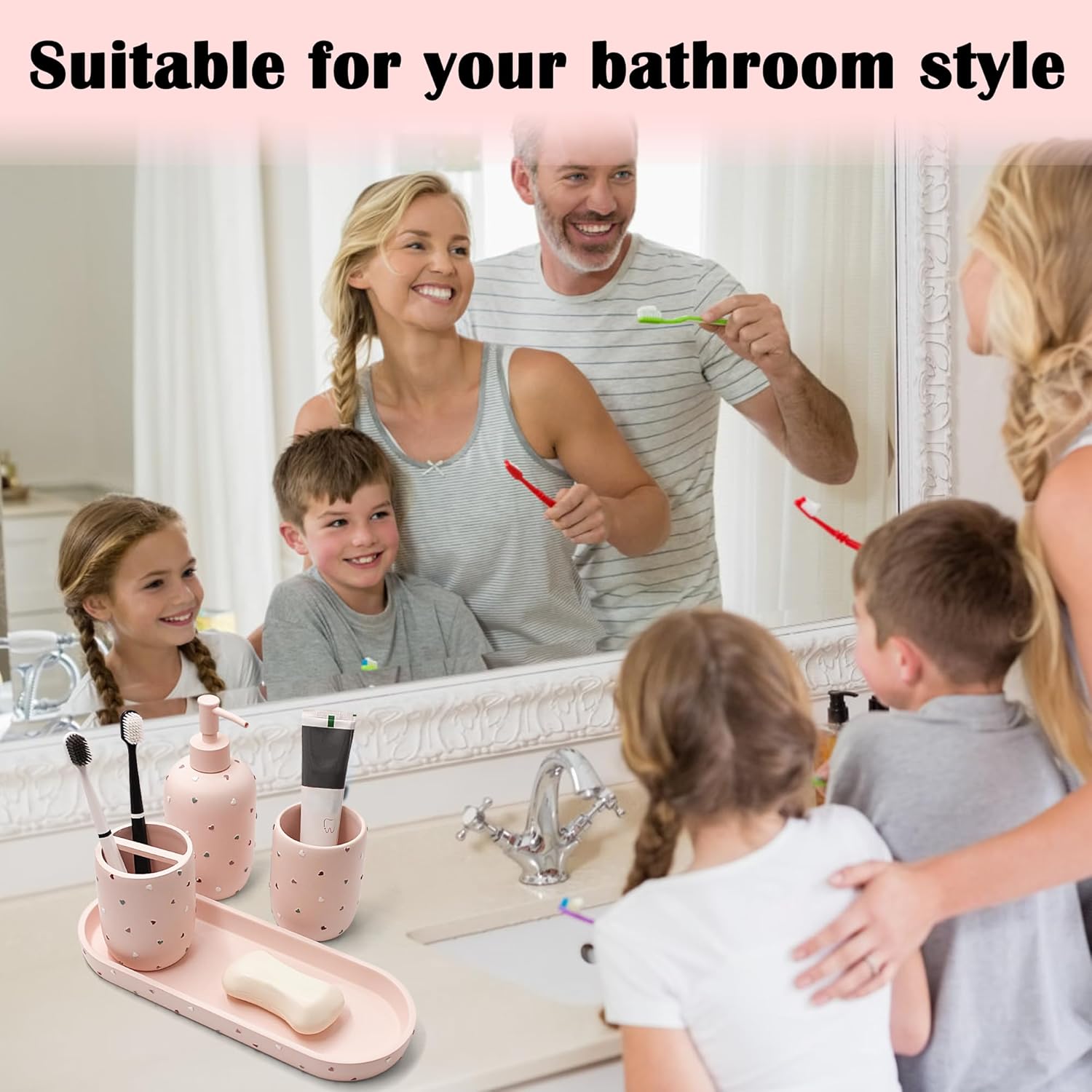 Premium Pastel Heart 4-Piece Bathroom Accessory Set - Pink