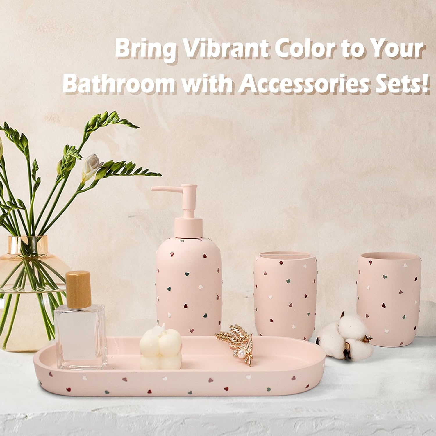 Premium Pastel Heart 4-Piece Bathroom Accessory Set - Pink