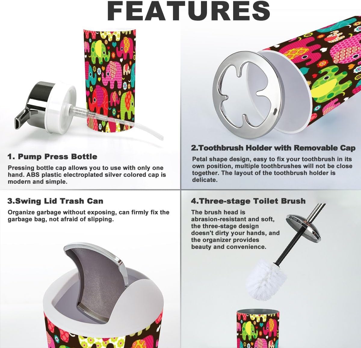 Bathroom Accessories Set 6 Pcs Retro Elephant Kids Pattern