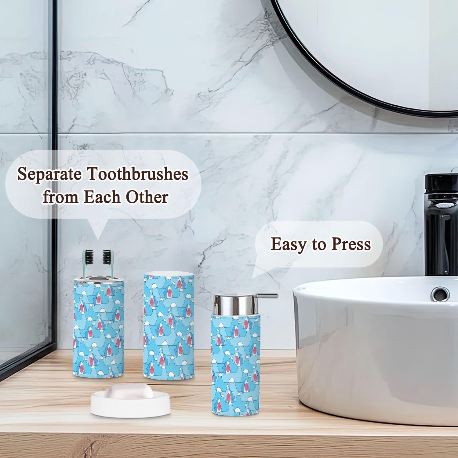 Cute Shark Sea Wave Bathroom Accessories Set 6 Pcs