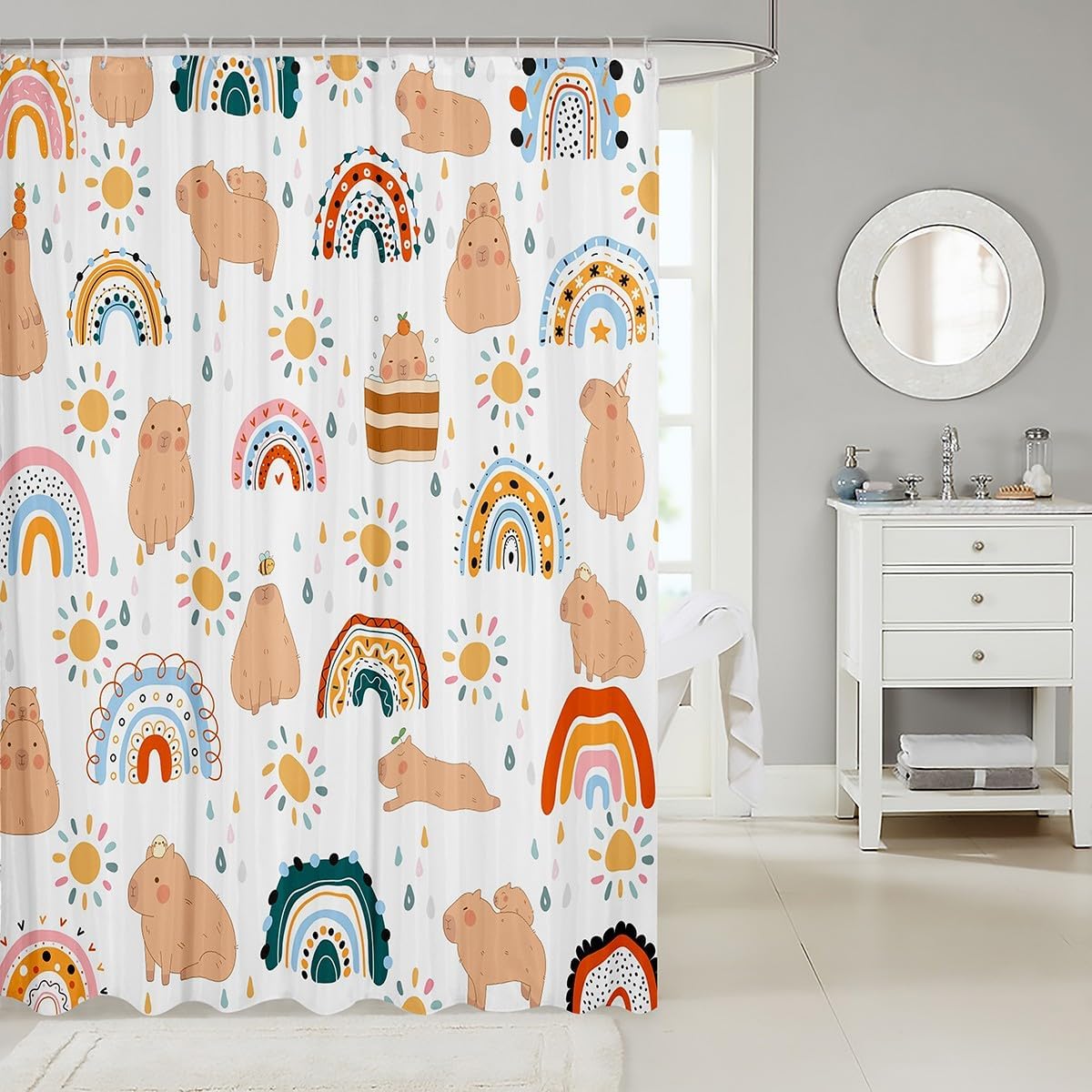 Capybara Shower Curtain 72x72 Kids Rainbow Cartoon Bath Curtain Set