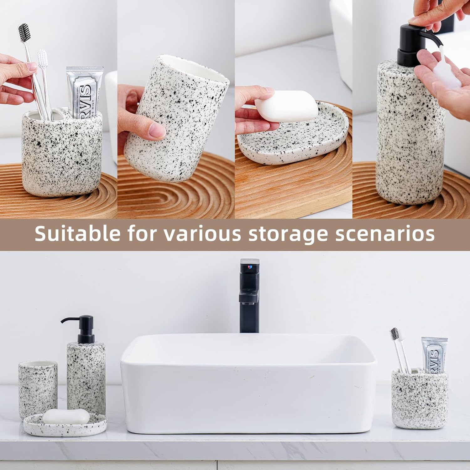 Rich Leisure Bathroom Accessory Set - 4-Piece Ink-Splattered Design