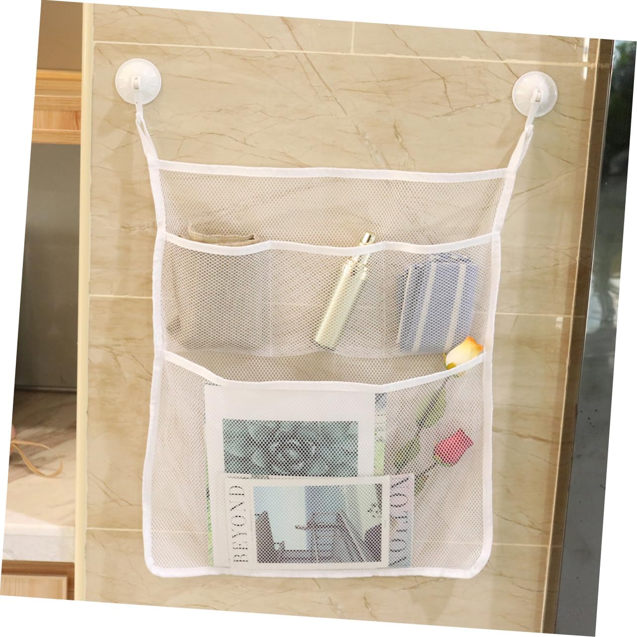 IMIKEYA Multifunctional Mesh Storage Bag with Strong Hooks for Bathroom Organization