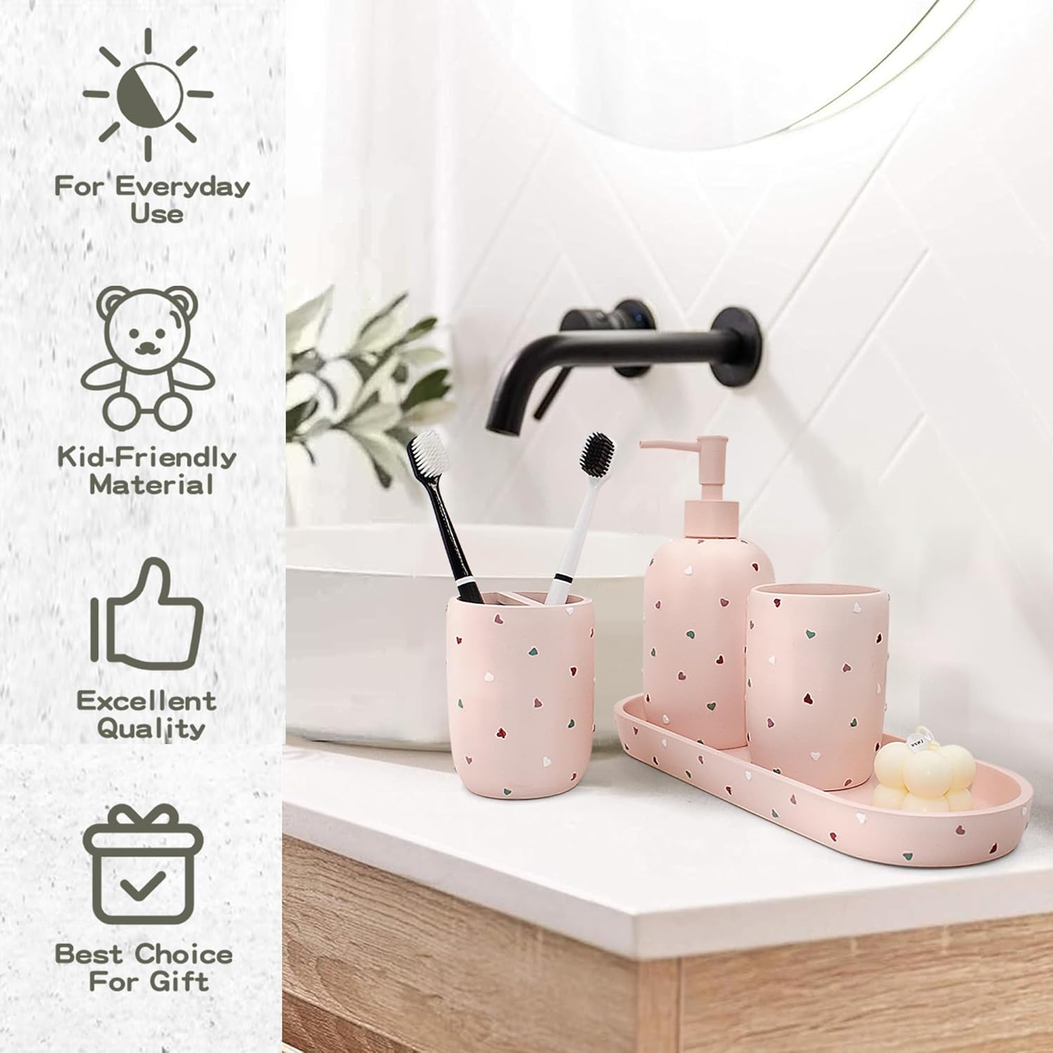 Premium Pastel Heart 4-Piece Bathroom Accessory Set - Pink