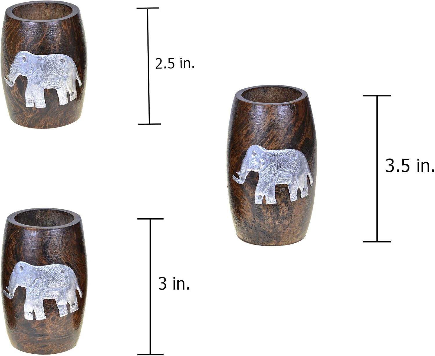 AeraVida Three Mini Barrel Pewter Elephant Wooden Tea Light Candle Holder Set