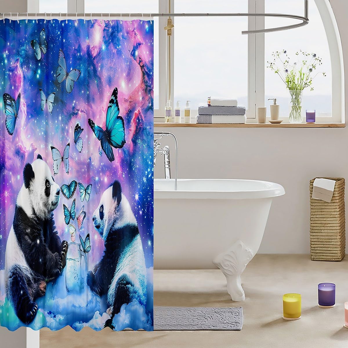 Cute Panda Bath Curtain Set with Galaxy Design
