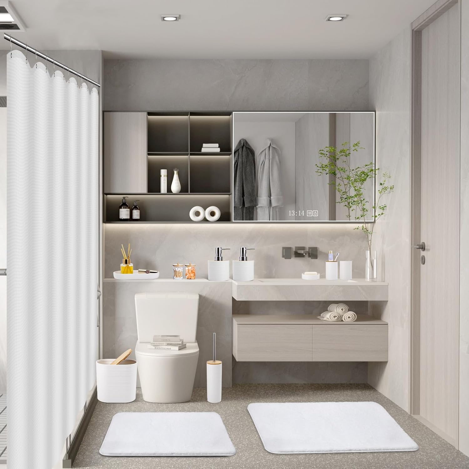Essential White Bathroom Set with Woven Rugs Shower Curtain for Home Use