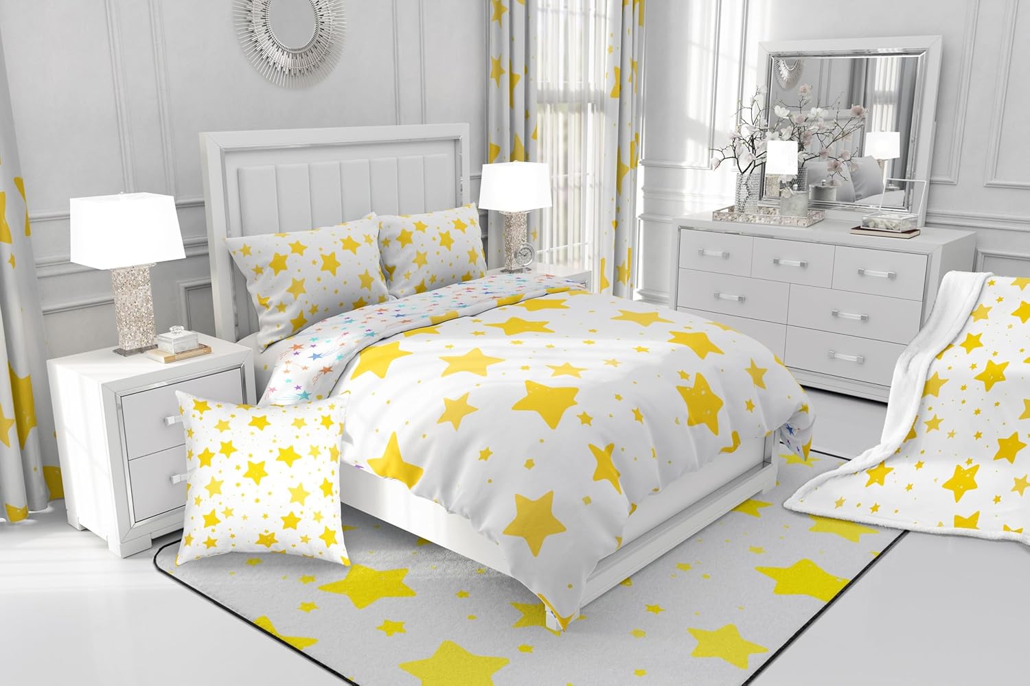 Yellow Cartoon Stars Bath Curtain 72x72 Kids Galaxy Shower Curtain for Boys