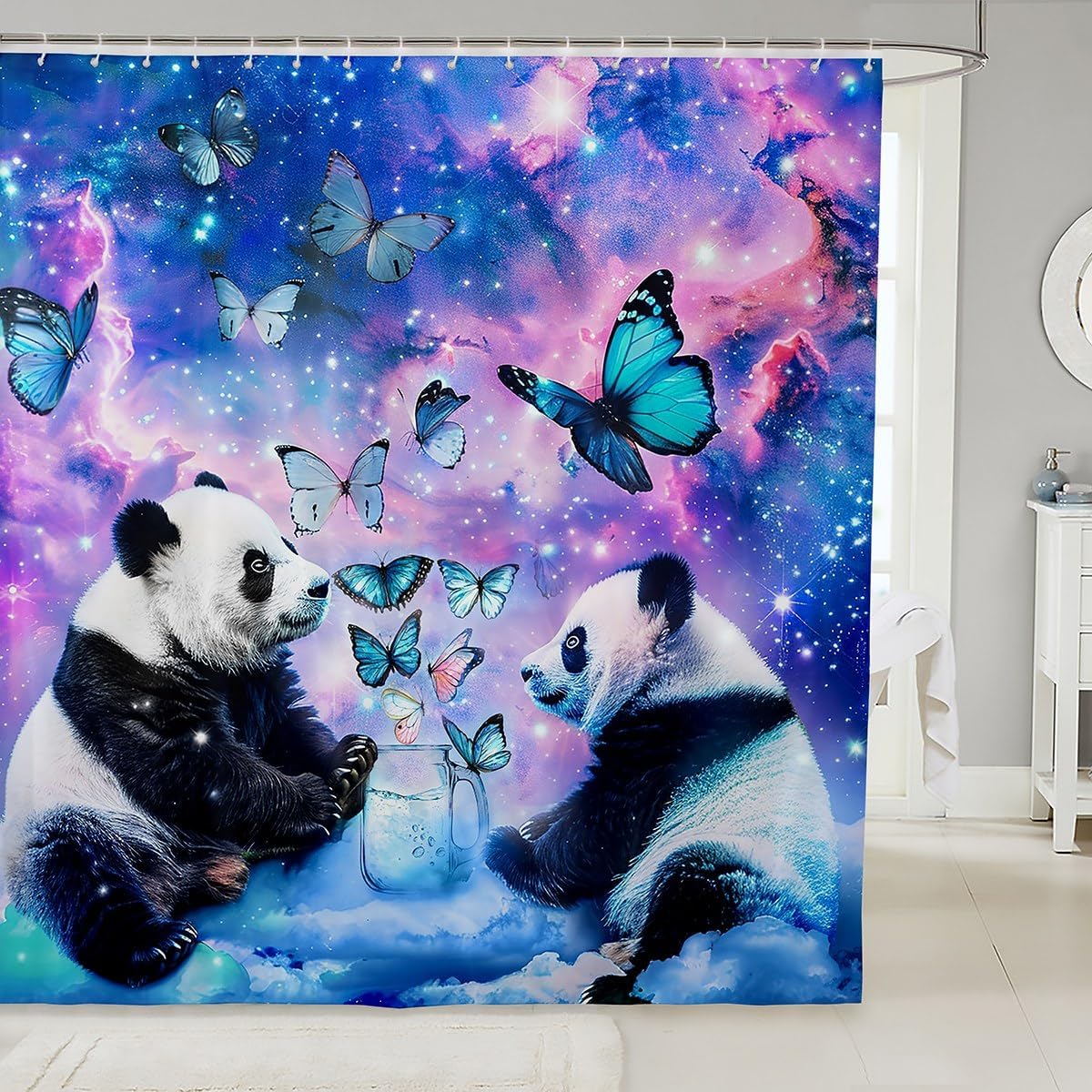 Cute Panda Bath Curtain Set with Galaxy Design