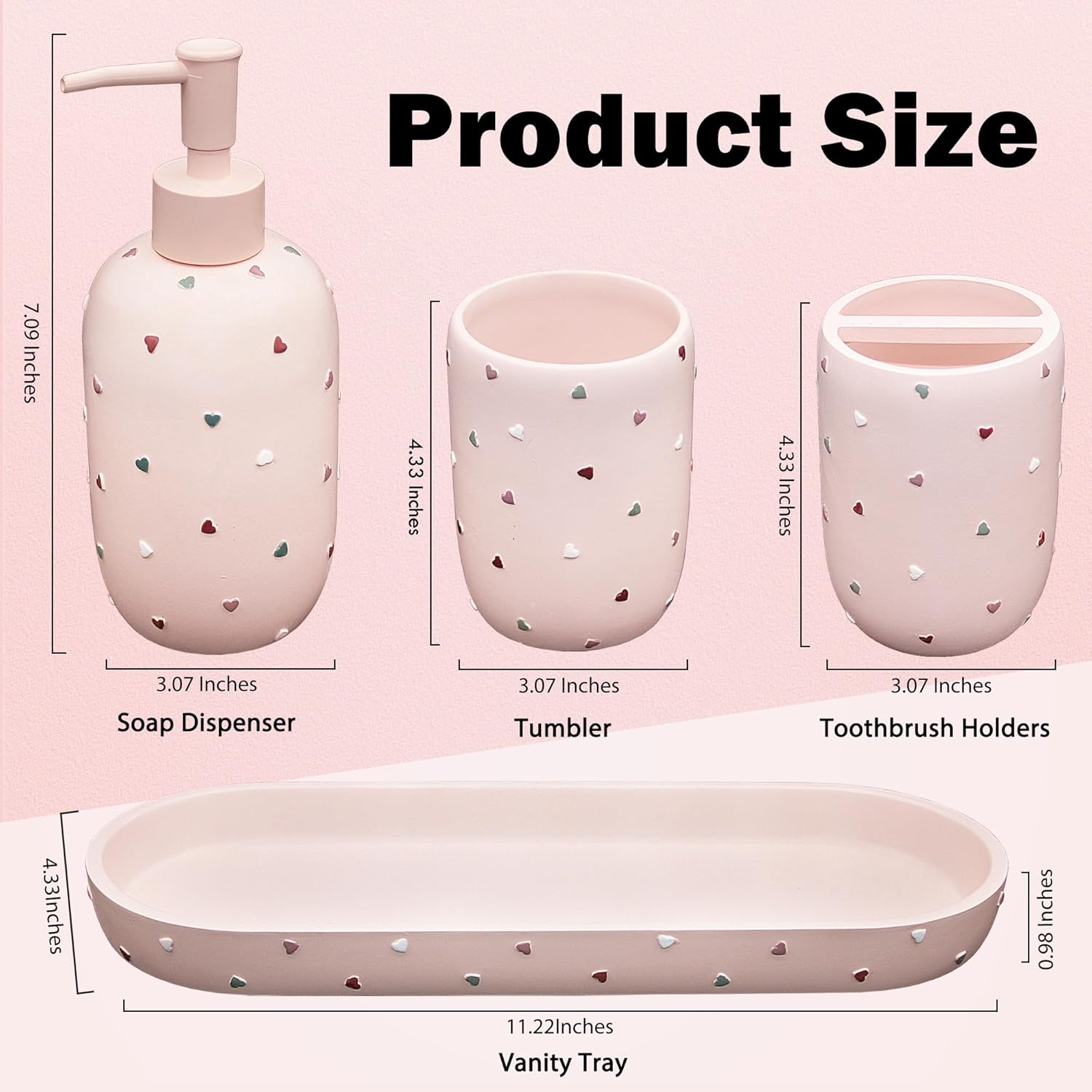 Premium Pastel Heart 4-Piece Bathroom Accessory Set - Pink