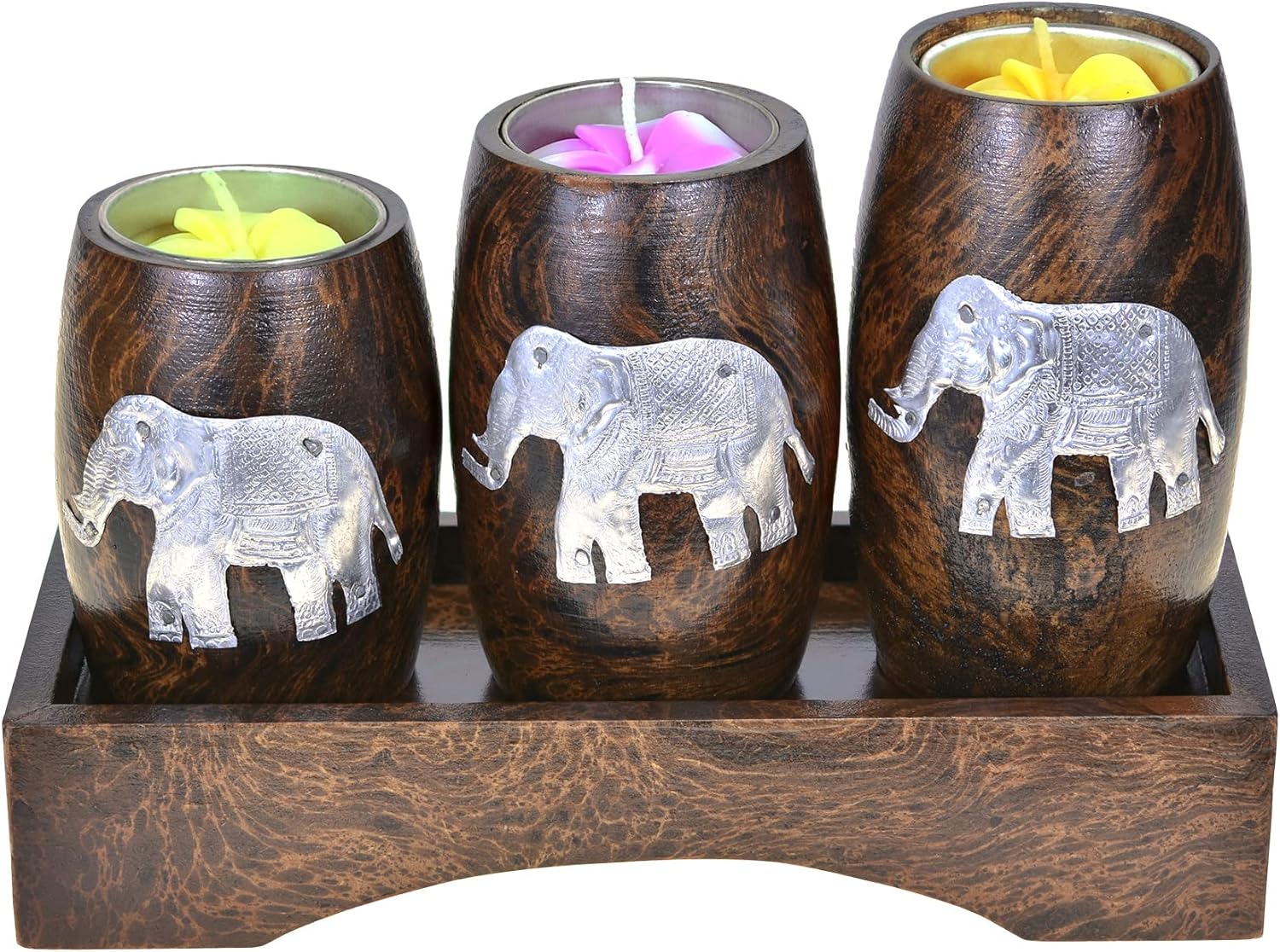 AeraVida Three Mini Barrel Pewter Elephant Wooden Tea Light Candle Holder Set