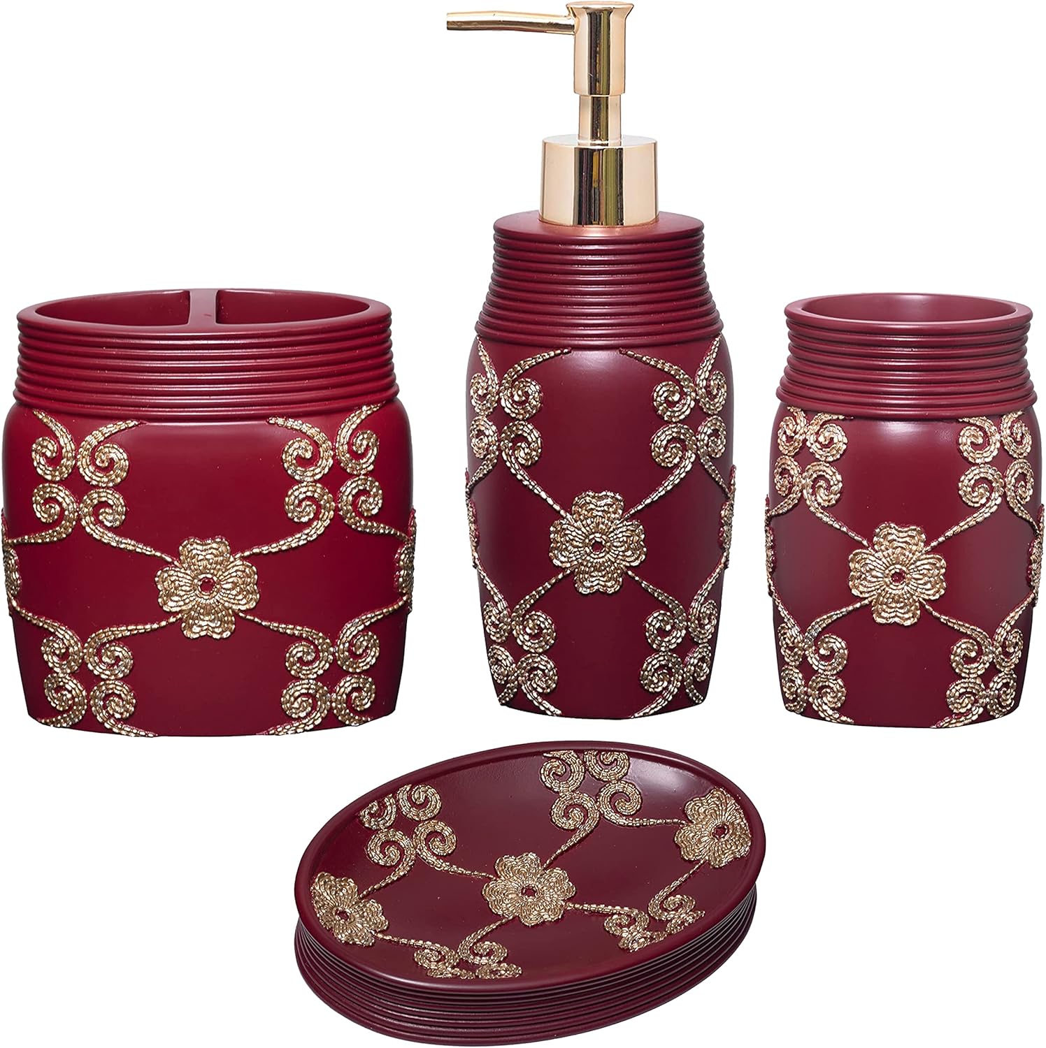 4pc Elegant Rose Accessory Set - Burgundy Bathroom Accessories