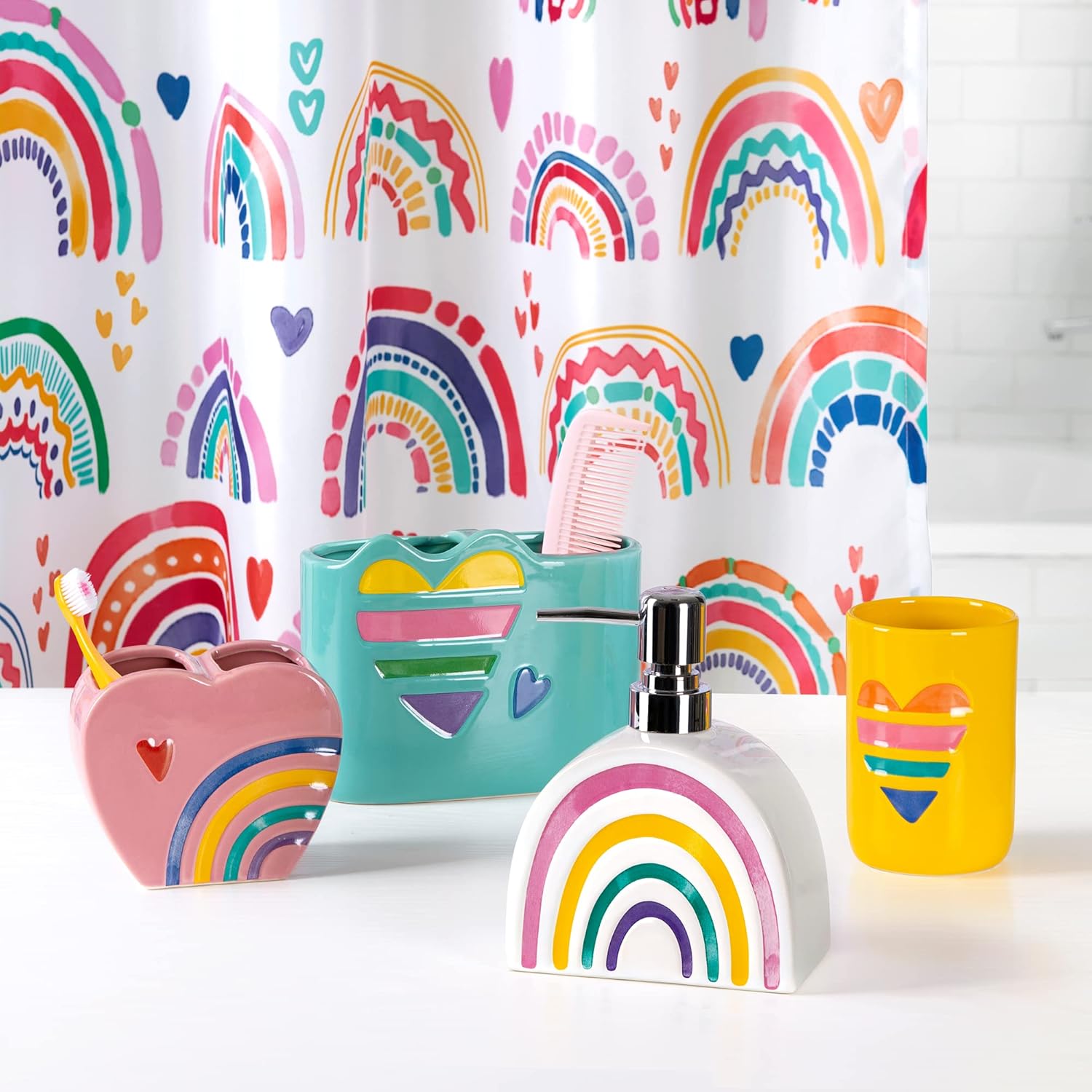 Allure Home Creation Rainbow Heart Ceramic Bath Accessory Set