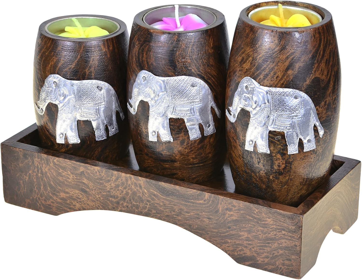 AeraVida Three Mini Barrel Pewter Elephant Wooden Tea Light Candle Holder Set