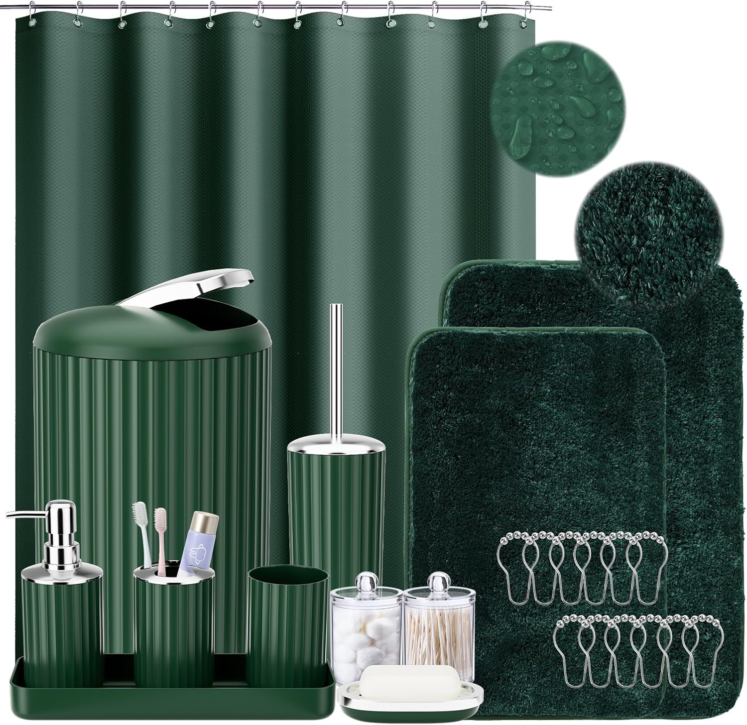 XLHOMO 24-Piece Dark Green Bathroom Accessory Set with Shower Curtain Rugs