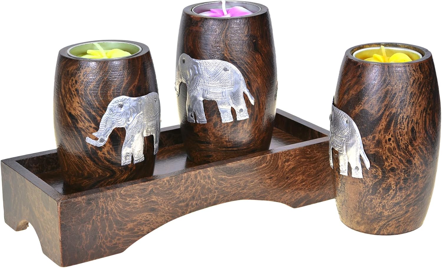 AeraVida Three Mini Barrel Pewter Elephant Wooden Tea Light Candle Holder Set
