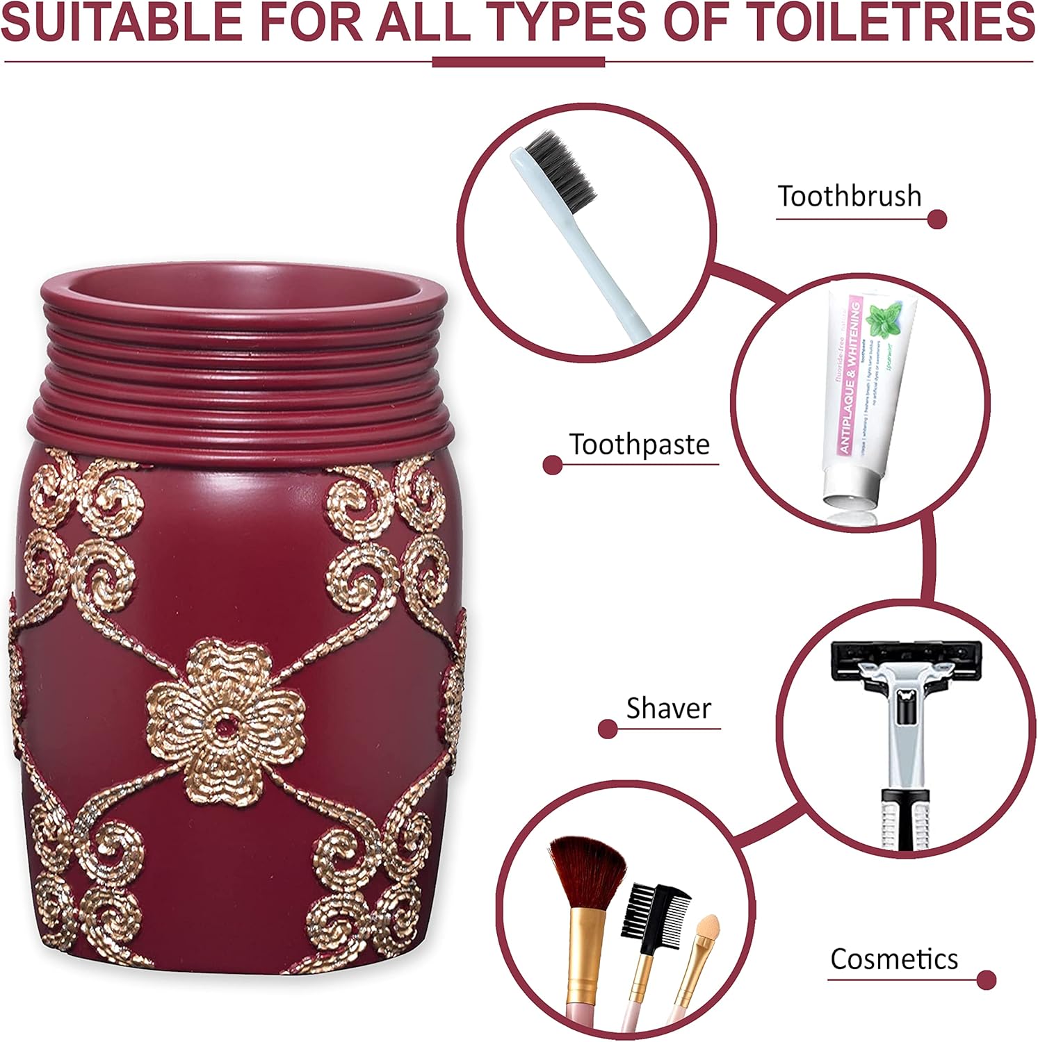 4pc Elegant Rose Accessory Set - Burgundy Bathroom Accessories