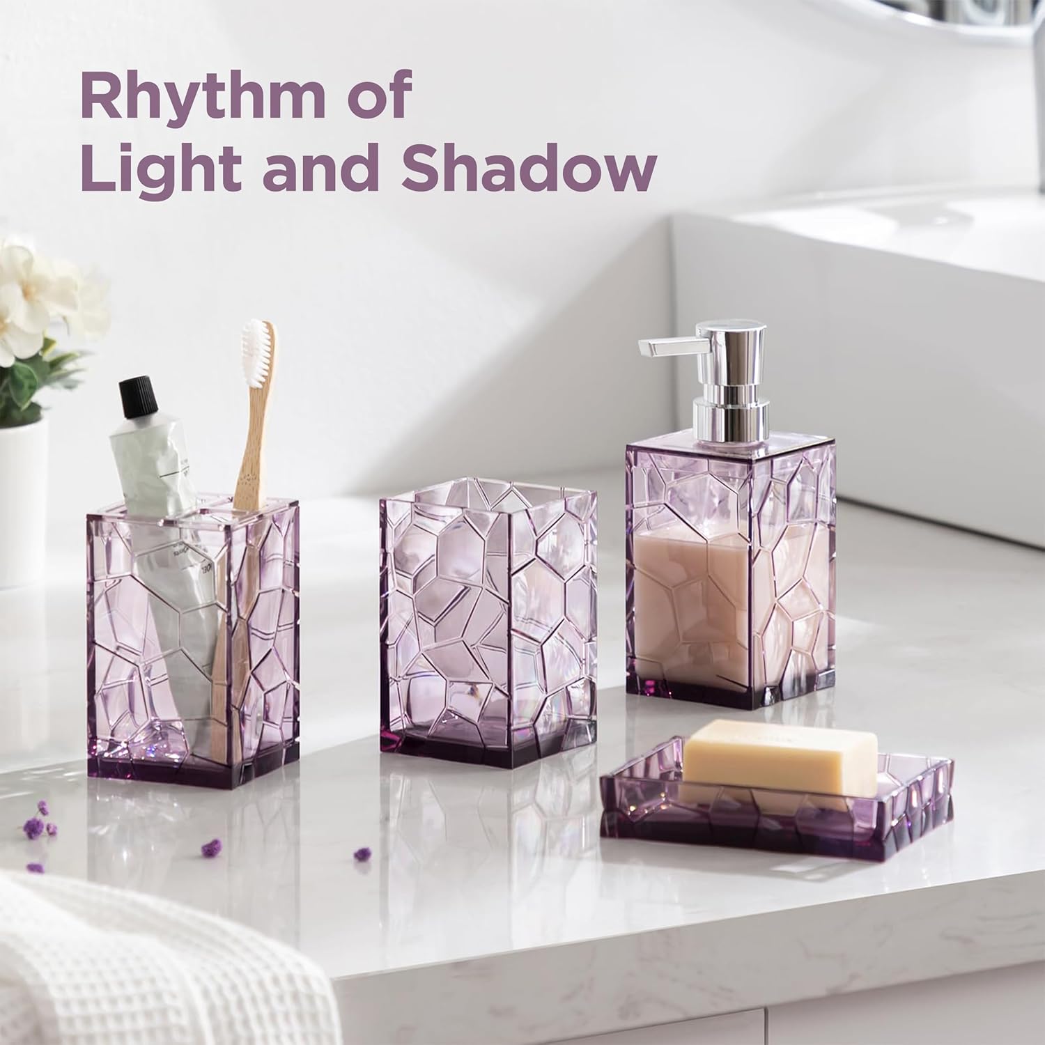 HBlife Bathroom Accessories Set with Lavender Purple Acrylic Containers