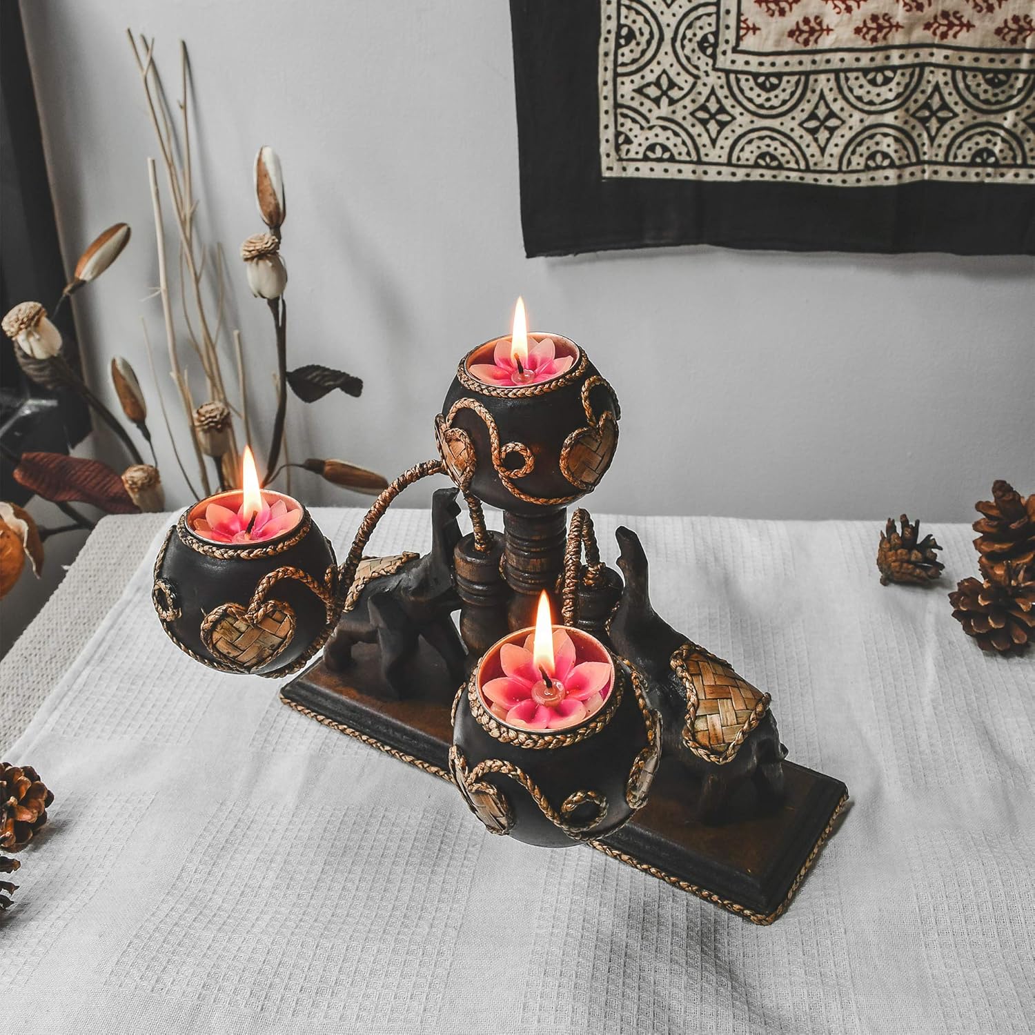 AeraVida Unique Handcarved Thai Elephant Candle Holder with 3 Candles