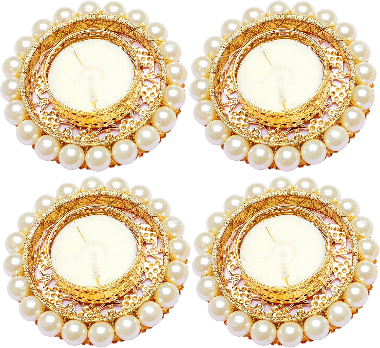 4-Piece Pearl Moti Design White Candle Holder Set