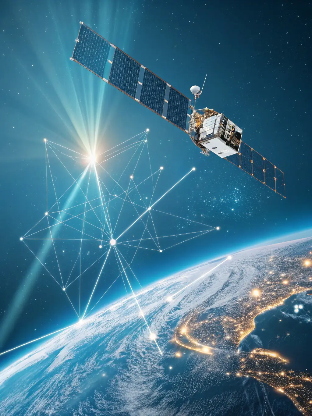 A network of interconnected satellites orbiting Earth, symbolizing global connectivity and data exchange.